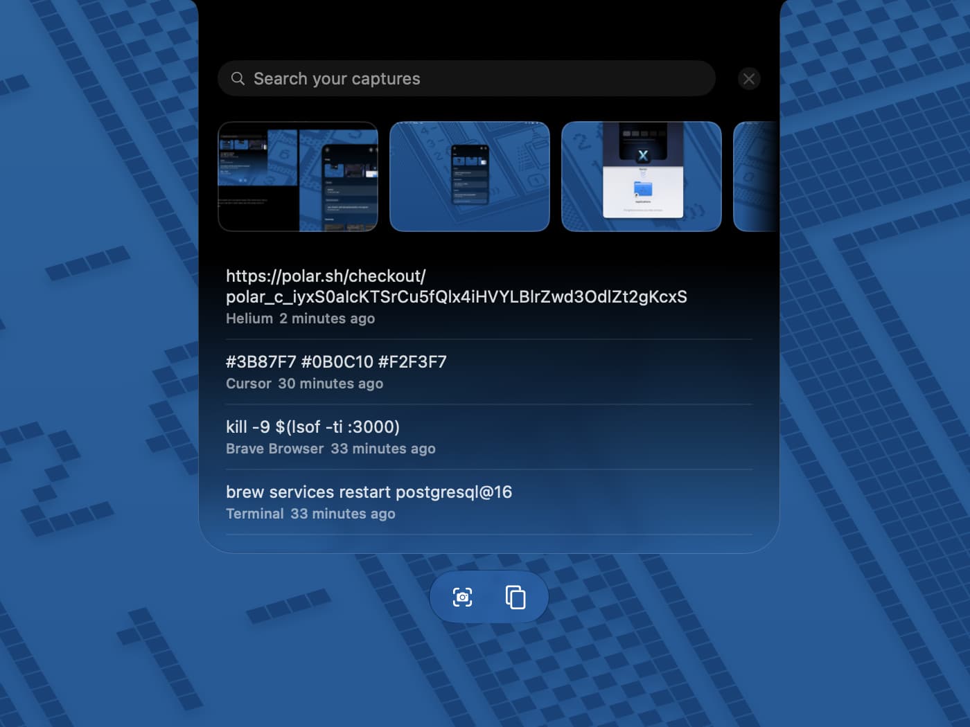 The Xenon shelf open on a real desktop: search, recent screenshot captures, and copied text