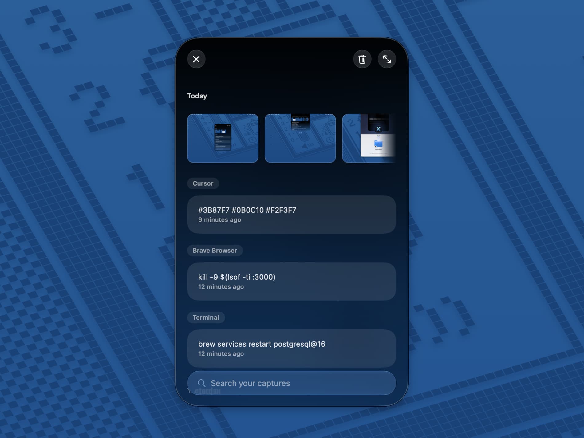 The Xenon memory panel: screenshots and copied text grouped by Today and Yesterday, with search